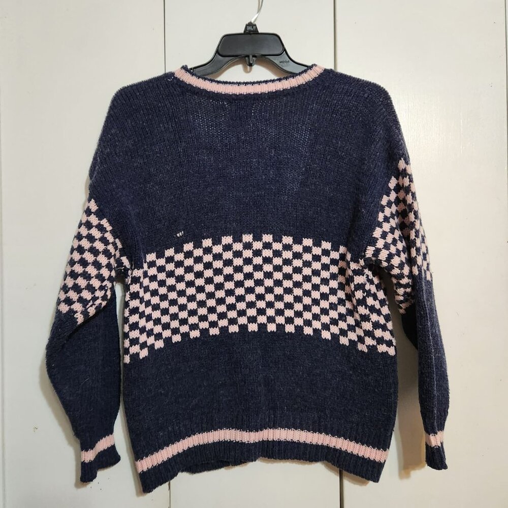 VTG 90s M Paris Sports Club Checker Navy Blue/Pink Preppy Cardigan Sweater - Picture 2 of 6